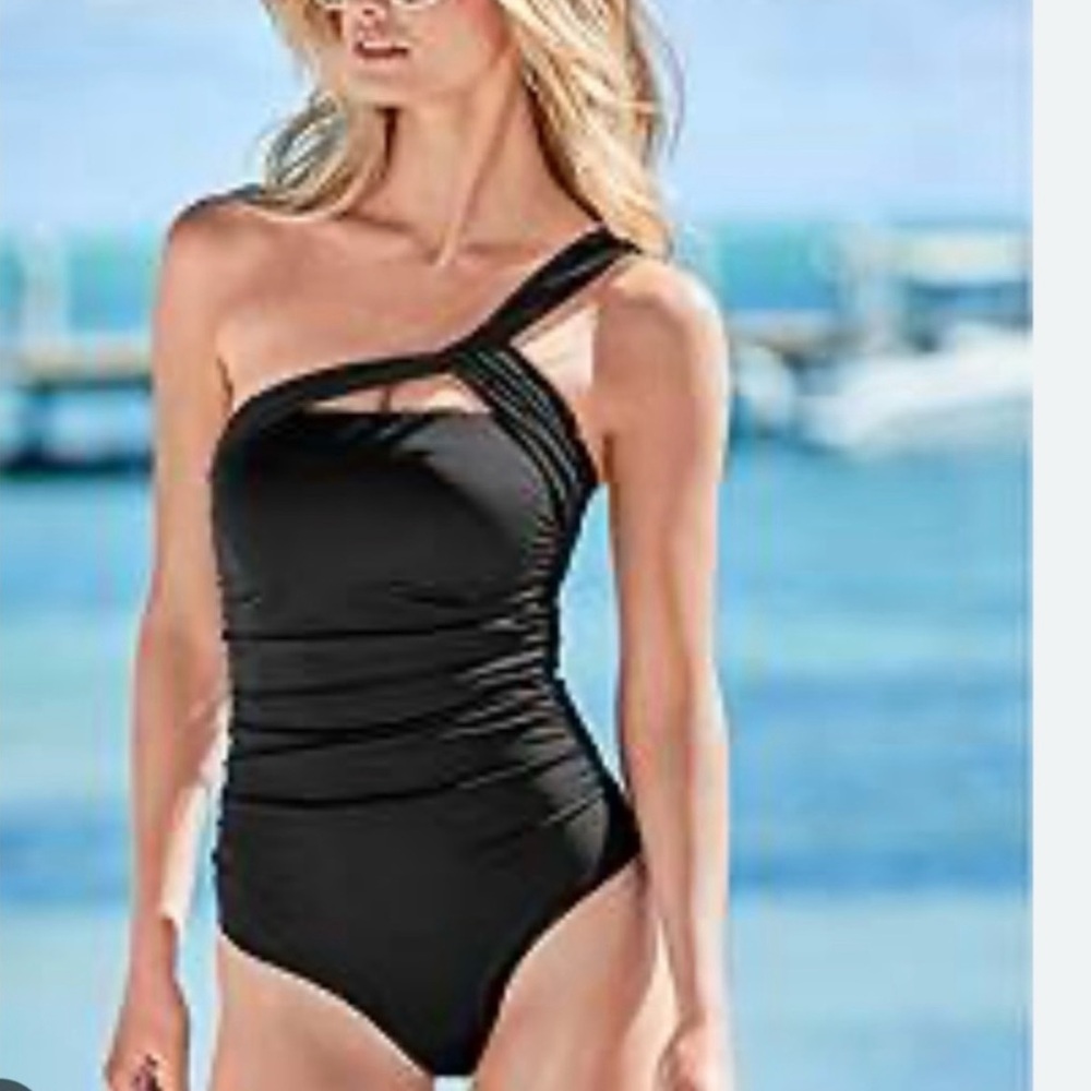 Lascana Black One-Shoulder Slimming Swimsuit